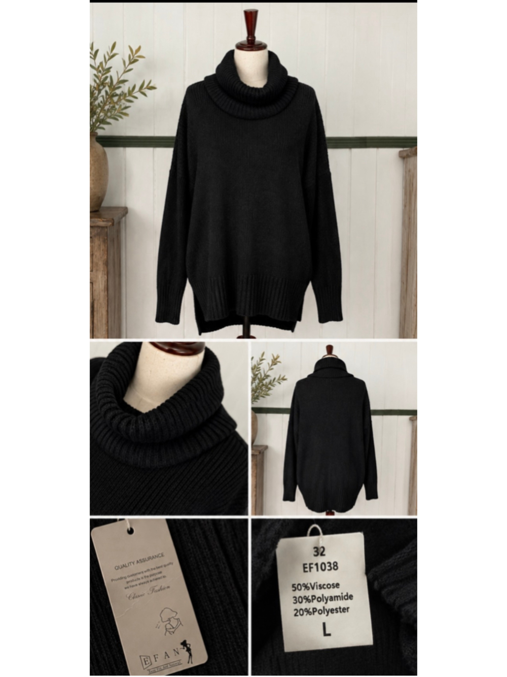 EFAN Black Oversized Cowl Neck Ribbed Knit Sweater Size L